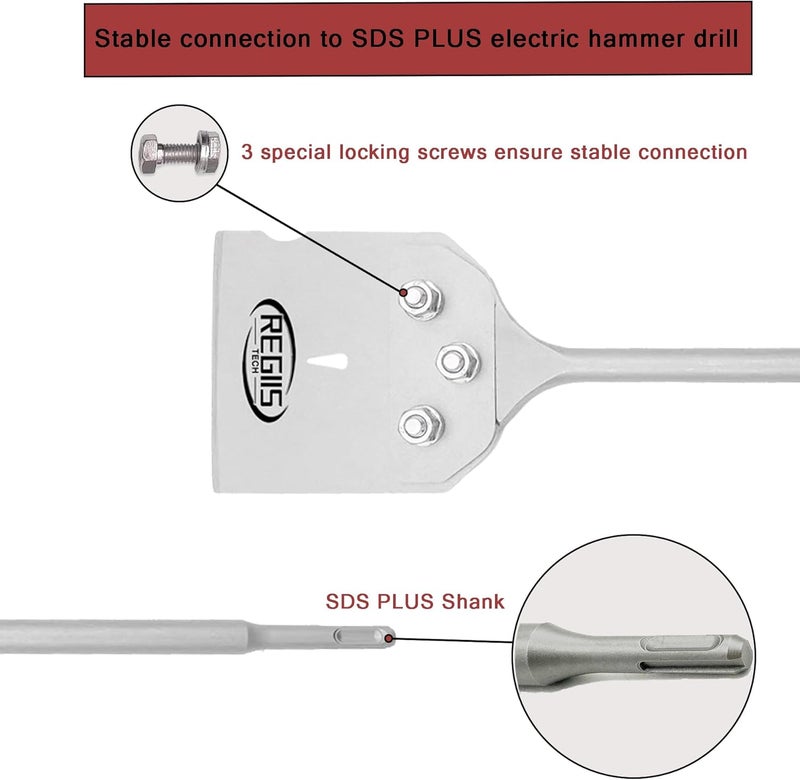 Regiis Tech SDS Plus Floor Scraper 4 in. x 15.7 in. Wide Tile Flooring Adhesives Remover, Thinset Removal Tool Chisel Bit with Spare Blades for Rotary Hammer Drill - Image 3